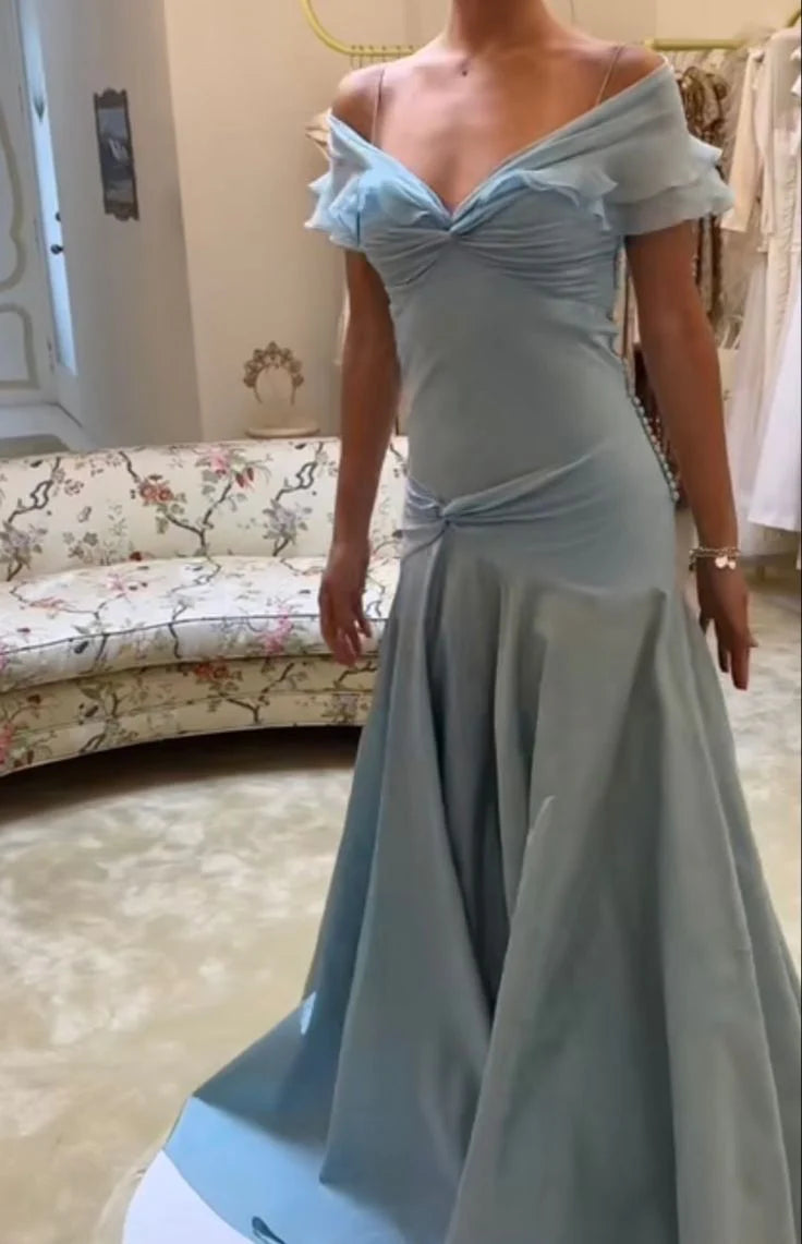 Vestidos formales para mujer, elegantes, sencillos, de tul, con hombros descubiertos, largos, de noche
